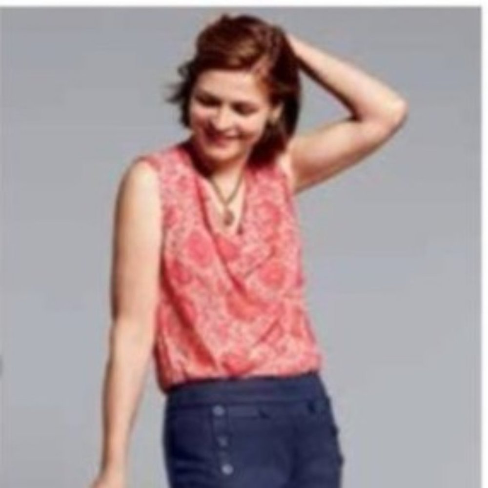 CABi Orange Floral Vita Draped Front Sleeveless Blouse Size XS
